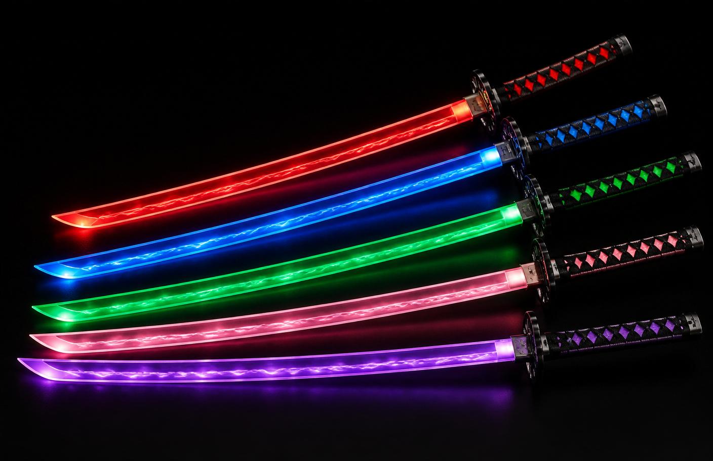 Collection of glowing LED Nichirin katanas in red, blue, green, pink, and purple