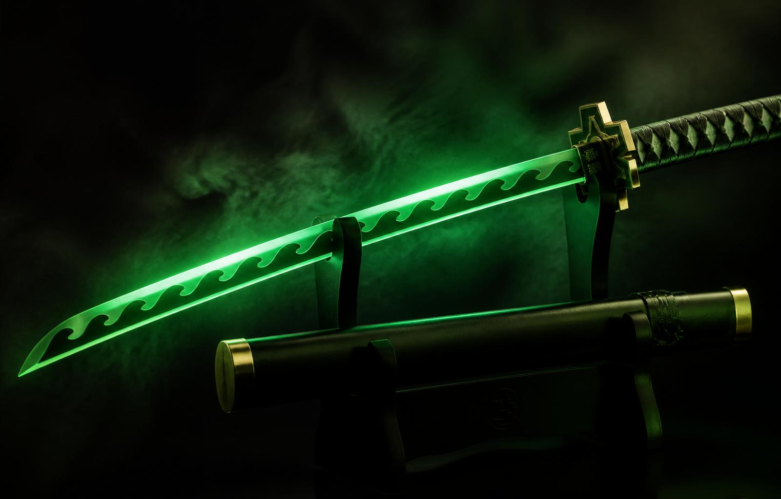 Glowing green Nichirin katana from Demon Slayer with black scabbard